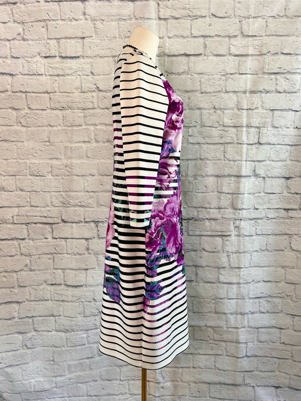 Beige by eci Black White Dress Striped Floral Midi Spring Maximalist Office - Picture 7 of 13